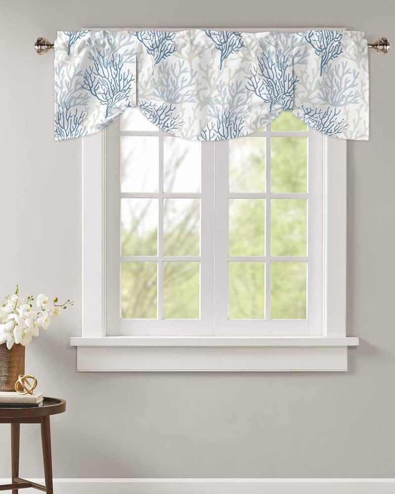 RisQiten Blue Grey Coral Coastal Tie Up Valance Curtains for Windows, Summer Beach Kitchen Curtains Window Treatments, Seaside Nautical Short Window Shades Valances for Bedroom Bathroom Cafe 54"x18" - Image 2